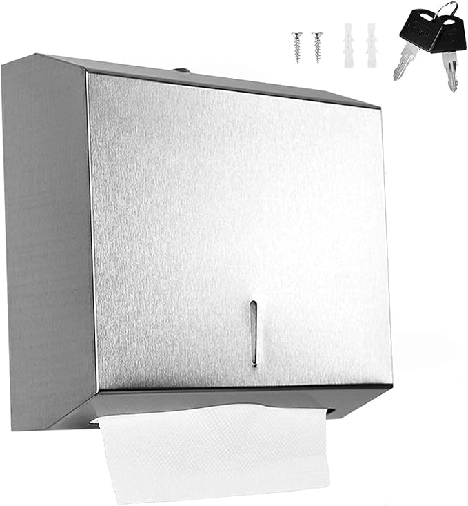 Wall-Mounted Comercial Paper Towel Dispenser, Brushed Stainless Steel Bathroom Hand Towel Dispenser with Lock Design, Large Capacity 250 C-Fold 300 Multi-Fold Capacity
