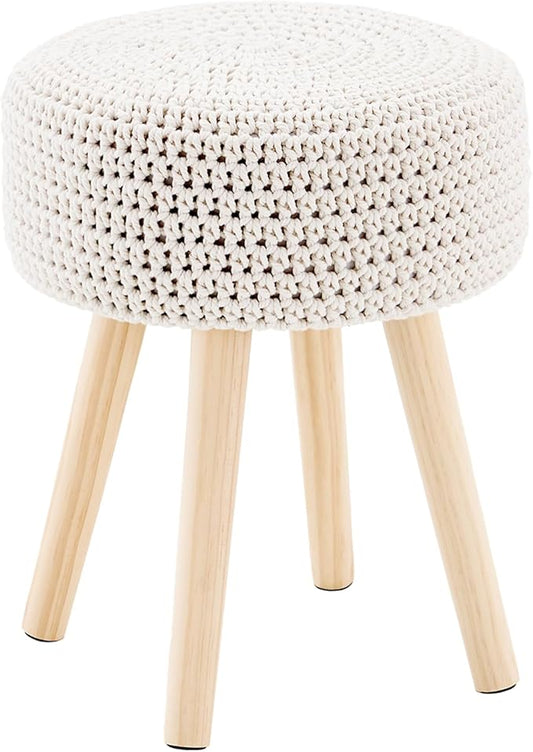 Cotton Knitted Ottoman Round Footstool Vanity Stool Modern Stool Ottoman Footrest Stool with Non-Skid Wood Legs for Living Room Bedroom White