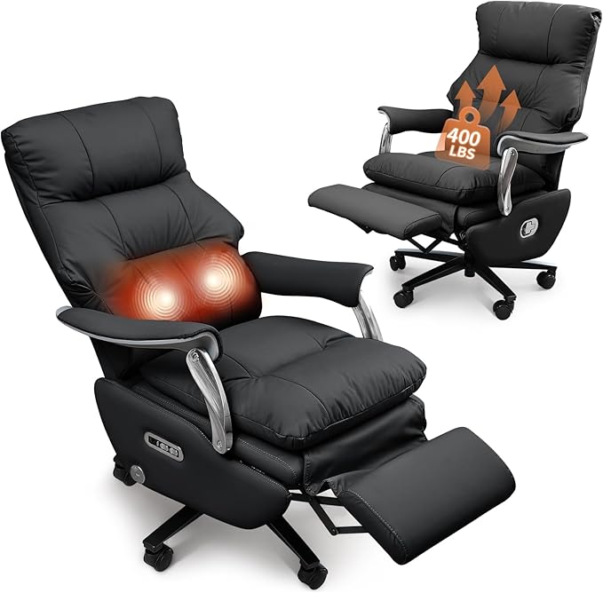 Dual Motor Electric Real Leather Executive Office Chair with Foot Rest, Comfortable Reclining Office Chair with Massage, Big and Tall High Back Comfy Ergonomic Home Office Desk Chairs 400lbs, Black