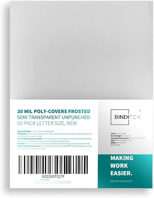 Binditek 50 Pack 20 Mil Frosted Polycover, Semi-Transparent Binding Covers, 8-1/2 x 11 Inches, Lightly Textured Sand Finish, Square Corners, Unpunched