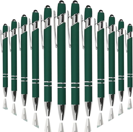 Ballpoint Pen with Stylus Tip, Soft Touch Click Metal Pen, 1.0mm Medium Point, Black Ink, 12 Count(Dark Green)