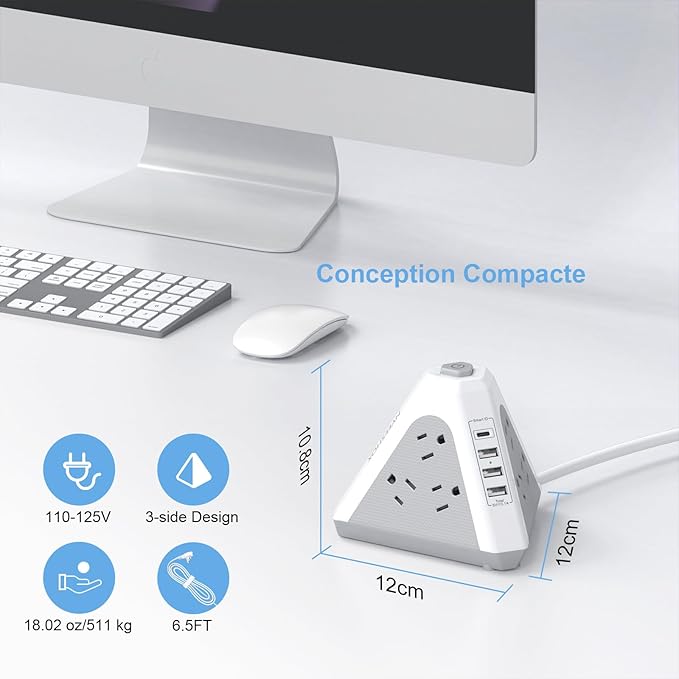 Tower Surge Protector Power Strip, NVEESHOX 9 AC Outlets with 4 USB Ports (1 USB C) 3-Side Triangle Outlets with USB Ports,6.5 Ft,Flat Plug, Charging Station with Surge Protection