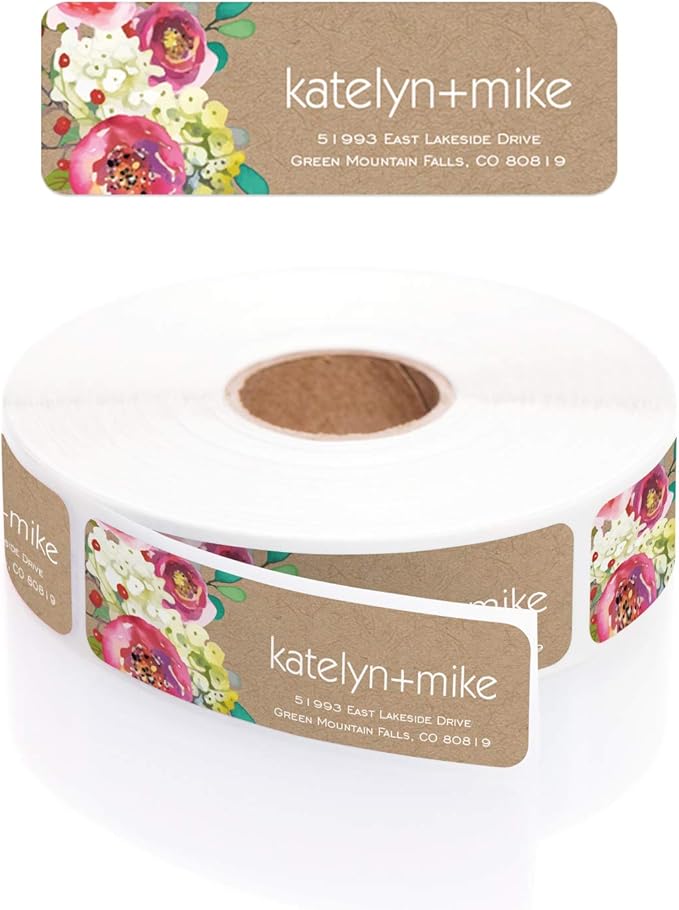 Kraft Faux Look Floral Rolled Address Labels/Roll of 500 Personalized Address Labels/Designer Return Address Stickers in Elegant Plastic Dispenser