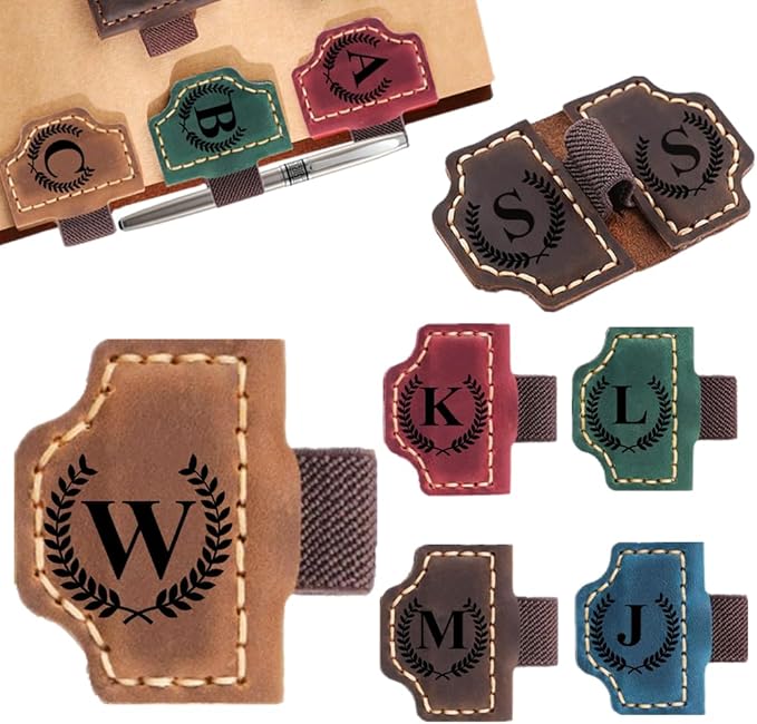 Custom Bookmark with Pen Holder with 26 Letters Personalized Magnetic Leather Book Mark, Customized Name Book Marker Clip with Initial for Men Women, Gifts for Book Lovers, Readers, (Brown, W)
