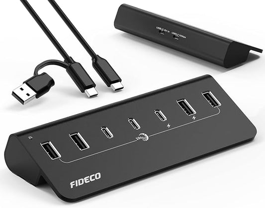 FIDECO Powered USB Hub, 7 Port USB 3.2 Gen 2, 10Gbps Fast Data Hub for iPhone 16/15 and Laptop, Aluminum USB Splitter with 5V 3A Power Adapter, 4 USB-A and 3 USB-C Ports, Support BC1.2 Charging