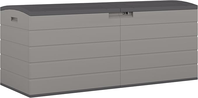 Suncast 120-Gal. All-Weather Patio Deck Box with Pad-Lockable Split Top Lid, Extra-Large Outdoor Storage Unit for Patio Furniture and Grill Tools, Made in the USA