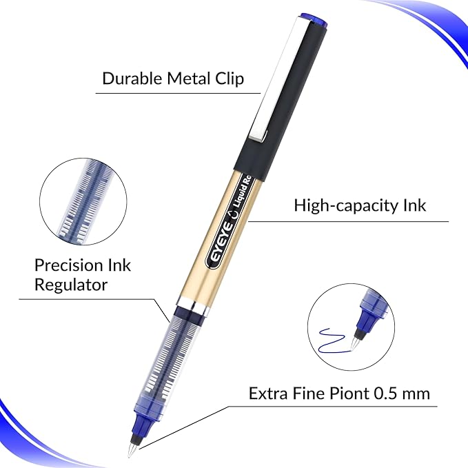 EYEYE 12 Pack 0.5mm Extra Fine Point Blue Rollerball Pens Quick Dry Liquid Ink, Smooth Writing Fine Tip Pens for Journaling, Note Taking, Office & School Supplies
