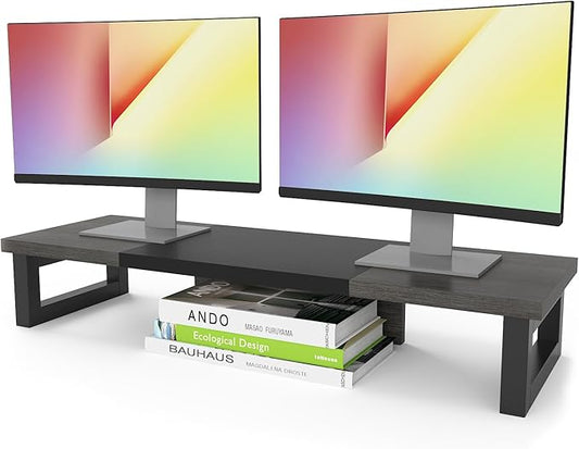 WESTREE Dual Monitor Stand Riser, Wood and Steel Monitor Stand Riser, Computer Monitor Stand for 2 Monitors, Multi-Purpose Desktop Storage Stand for Computer,Laptop,Printer,TV