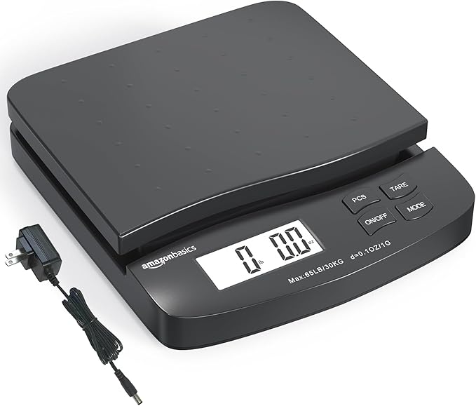 Amazon Basics Digital Postal Scale, AC Adapter, 65 lb Capacity, 0.1 oz Readability, Black