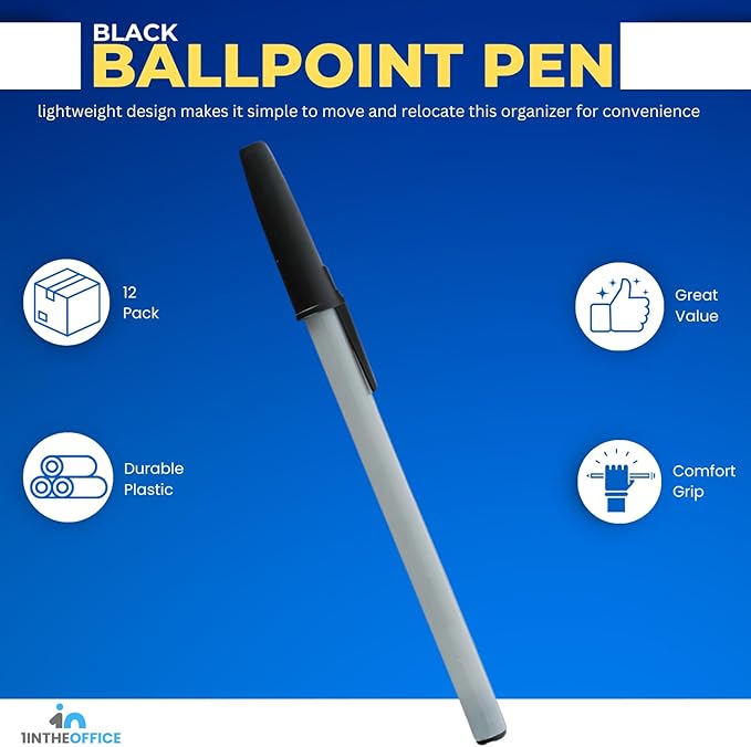 1InTheOffice Ballpoint Pens, Medium Point, Black Ink, 1.0mm, 12 Pack