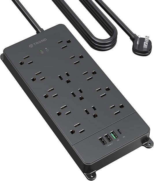 TROND Surge Protector Power Strip, 10ft Heavy Duty Extension Cord with 32W USB C & QC 3.0 Charger, 4000J, ETL Listed, 13 Wide Spaced Outlets, Flat Plug, Wall Mount for Home Office Supplies, Black
