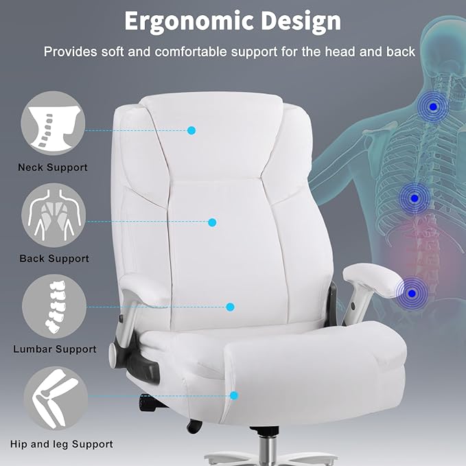 Big and Tall Office Chair 600lbs, Ergonomic Heavy Duty Executive Office Chair, High Back Office Leather Chair with Adjustable Armrests and Lumbar Support, White Big Tall Chair for Heavy People