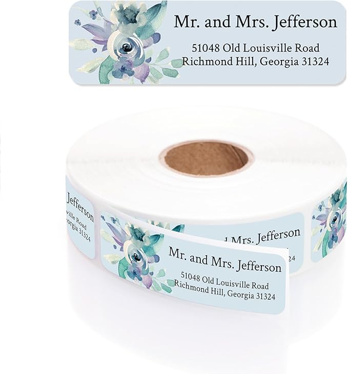 Blue Watercolor Floral Rolled Address Labels / 250 Personalized Return Address Labels/Designer Address Stickers in Elegant Plastic Dispenser