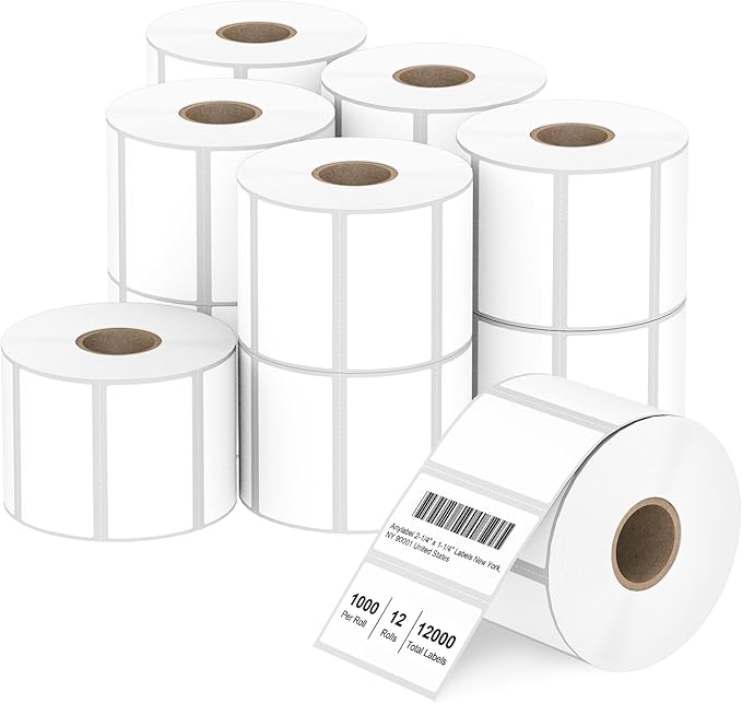 2.25" x 1.25" Direct Thermal Labels - White for Barcode Printing, Compatible With Zebra, Rollo, Munbyn Printers (12 Rolls, 1000 Labels/Roll)