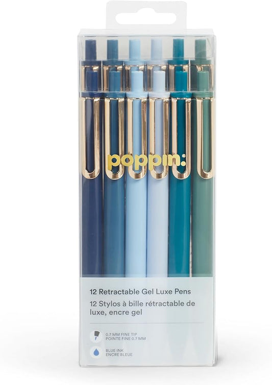 Poppin Stylish Retractable Gel Pens - Fine Point, 0.7mm Tip Pens for Journaling, 12 Pack of Assorted Blues with Blue Ink