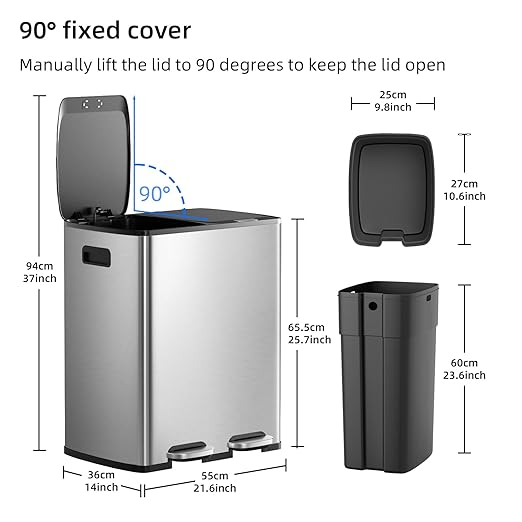 KUK 60 Liter / 16 Gallon Dual Trash Can with Lid, Stainless Steel Kitchen Step Garbage Can, 2 x 8 Gal Double Compartment Classified Rubbish Bin with 2 Plastic Inner Buckets Silver