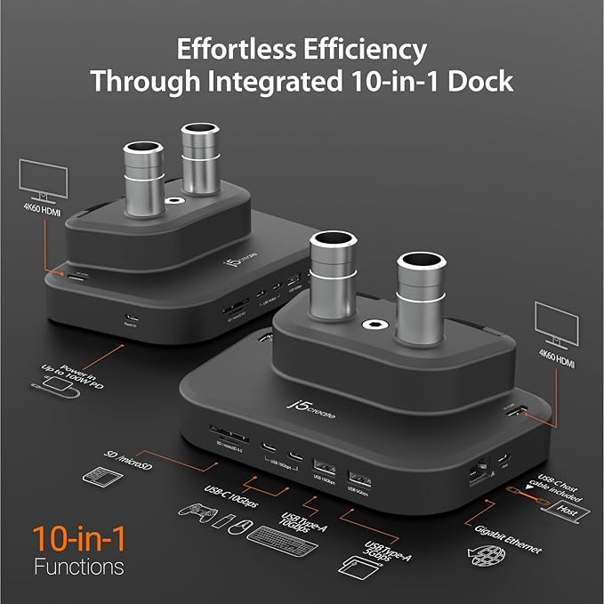 j5create Dual Monitor Mount with 10-in-1 Docking Station, Fully Adjustable Monitor Desk Stand for 2 Screens up to 32 inch, Conveniently Set Optimal Angle and Maximize Productivity (JTSA302)