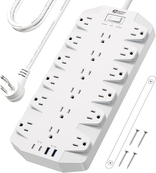Power Strip Surge Protector, SUPERDANNY 18 Outlets with 2 USB C + 2 USB A Ports, 1875W/15A, 2100J, 6.5FT Flat Plug Heavy Duty Extension Cord with Multiple Outlets for Home, Office, Dorm, White