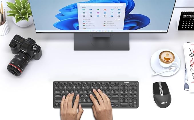 Arteck 2.4G USB Wireless Keyboard and Mouse Combo Ultra Slim Compact Keyboard and Ergonomic Mouse for Computer Desktop PC Laptop and Windows 11/10/8/7 Build in USB-C Rechargeable Battery