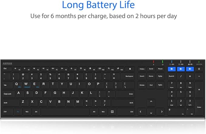 Arteck HB192 Universal Bluetooth Keyboard Multi-Device Stainless Steel Full Size Wireless Keyboard for Windows iOS Android Computer Desktop Laptop Surface Tablet Smartphone Rechargeable Battery