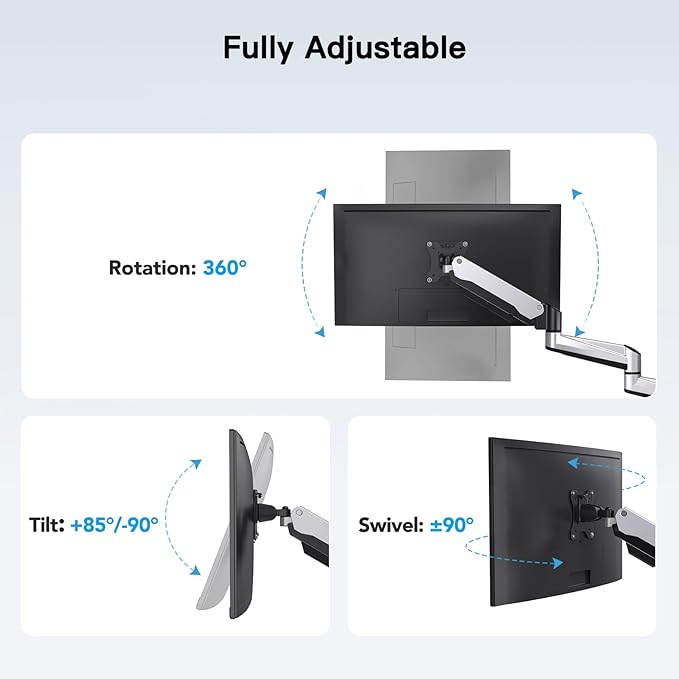 HUANUO Triple Monitor Stand - Full Motion Articulating Gas Spring Monitor Mount Fit Three 17 to 32 inch Flat/Curved LCD Computer Screens with Clamp, Grommet Kit, Silver