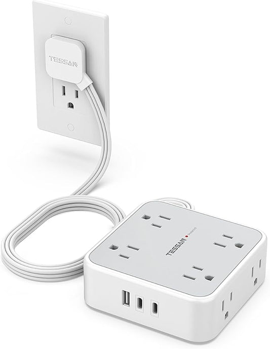 Surge Protector Power Strip, TESSAN Flat Plug Extension Cord with Multiple Outlets, 8 AC Outlets, 3 USB Ports(2 USB C), 5 Ft, 900 Joules Protection, 3-Sided Charging Station for Home Office Dorm Room