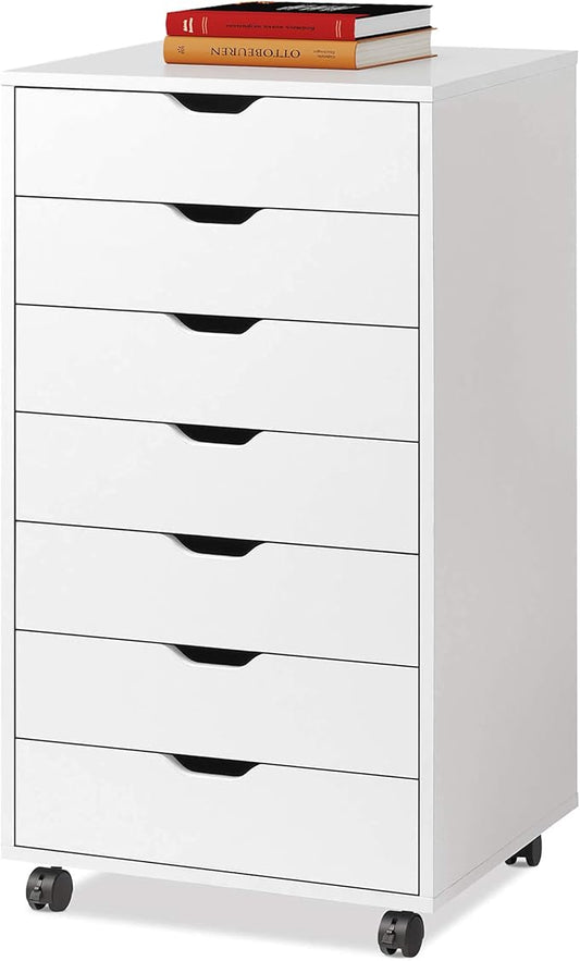 DEVAISE 7-Drawer Chest, Wood Storage Dresser File Cabinet with Wheels, White