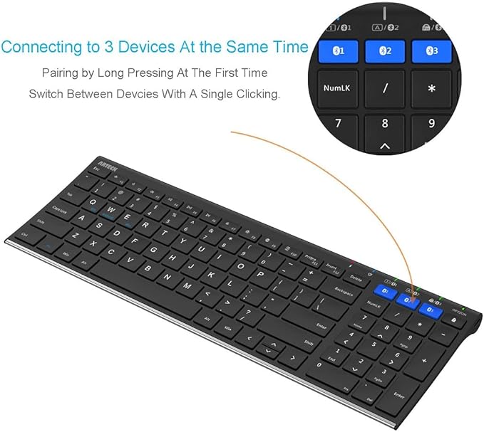 Arteck HB193 Universal Bluetooth Keyboard Multi-Device Stainless Steel Full Size Wireless Keyboard for Windows, iOS, Android, Computer Desktop Laptop Surface Tablet Smartphone Rechargeable Battery