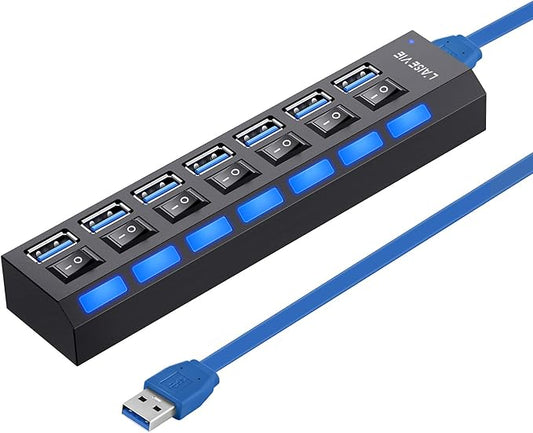 USB 3.0 Hub, 7 Ports USB Splitter USB A Port Data Hub with Independent On/Off Switch and LED Indicators, Lights for Laptop, PC, Computer, Mobile HDD, Flash Drive and More