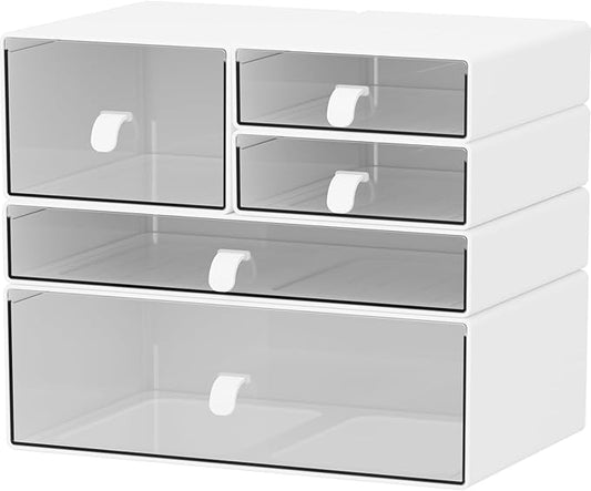 Desk Organizer Set, White & Clear Stackable Dustproof Storage Boxes for Desktop, Office, Bathroom, DIY Craft & Vertical Space Saving, Perfect for Makeup, Stationery Organization (5 Drawer)