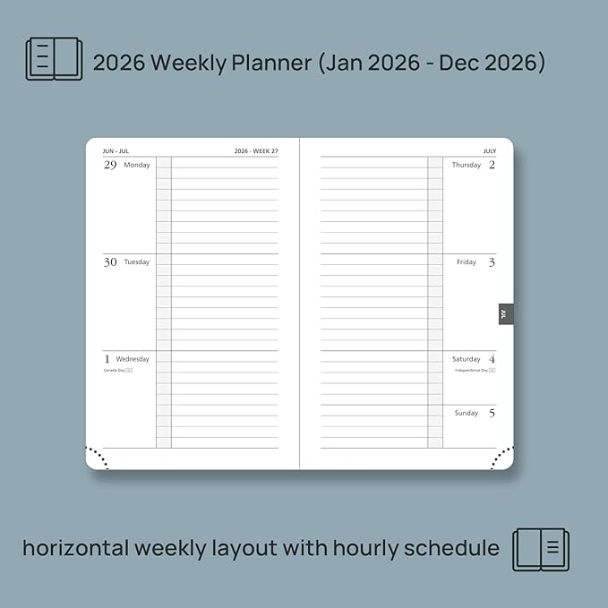 POPRUN Weekly Planner 2026 Calendar (Pocket 4'' x 6.25'') 12 Months Notebook with Horizontal Layout, Leather Hardcover, Inner Pocket, 100GSM Thick Paper, Pen Holder TJ - Navy Blue
