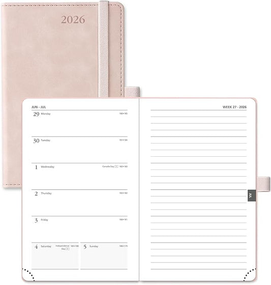 POPRUN Weekly Planner 2026 Pocket Size Calendar (4" x 6.25") 12 Months Notebook with Horizontal Layout, Leather Soft Cover, Inner Pocket, 100GSM Thick Paper, Pen Holder - Soft Pink