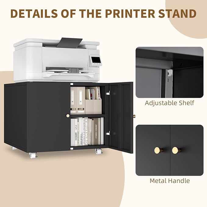 Small Space Printer Stand with Doors, Mini Fridge Stand for Laundry, 3D Printer Stand with Storage, Low Printer Table, Modern Under Desk for Home Office, Small Carts for Scanner, Fax