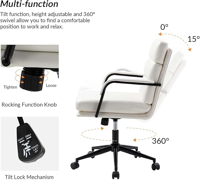HULALA HOME Modern Faux Leather Home Office Chair with Tilt Lock & Metal Base, Desk Chair with Wheels & Padded Cushion, 360° Swivel Wide Seat Computer Task Chair, White