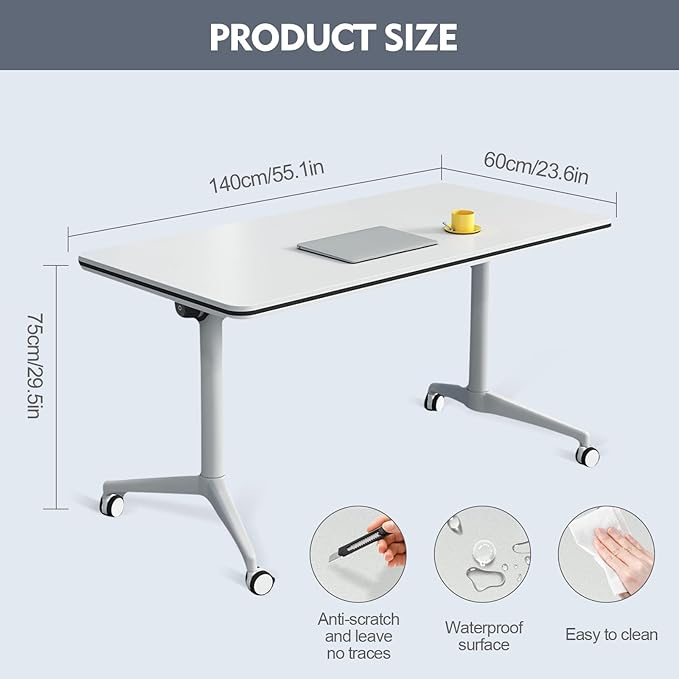 Folding Conference Room Table, Modern Mobile Training Table with Wheels, White Foldable Seminar Meeting Tables for Office Corporations (2pack 47.2in)