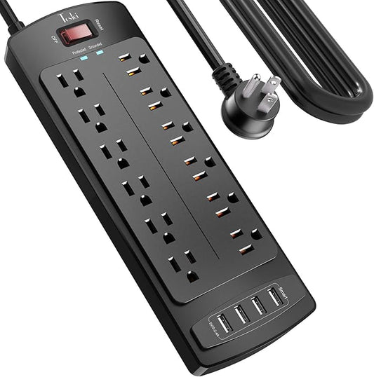 Power Strip, Tcstei Surge Protector with 12 Outlets and 4 USB Ports, 10 Feet Extension Cord (1875W/15A) for Home, Office, Dorm Essentials, 2700 Joules, ETL Listed, Black