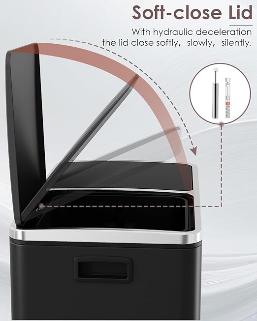 Arlopu 16 GallonStainless Steel Trash Can, 60L Dual Compartment, Metal Kitchen Step Recycle Bin, Metal Double Dustbin, in-Home Garbage Rubbish Can W/Removable Liner Buckets (Black)