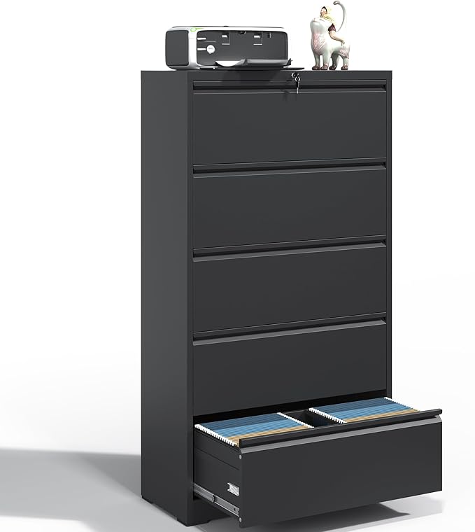 5 Drawer Lateral File Cabinet, Metal Filing Cabinets for Home Office, Steel Storage Wide File Cabinet for Letter/Legal/F4/A4 Size with Hanging Bars, Assembly Required (Black)