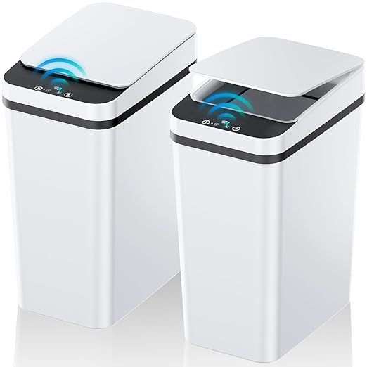 KOEYLE 2 Pack 2.2 Gallon Automatic Touchless Garbage Can, Small Motion Sensor Smart Trash Can, Slim Waterproof Trash Bin for Bedroom, Bathroom, Office, Living Room, White