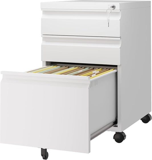 3 Drawer Mobile File Cabinet with Lock,Under Desk Storage Cabinet for Home Office,Vertical Filing Cabinet Fits A4 or Letter Size(Unassembled,White)