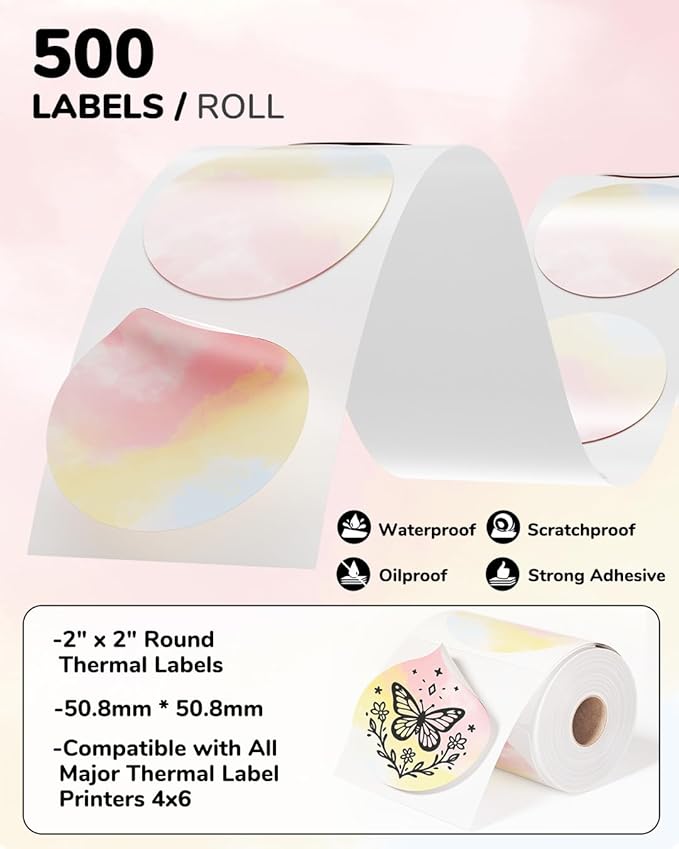 2 Inch Round Thermal Labels, 500PCS Color Thermal Sticker Label, Self-Adhesive Stickers for Small Business Supplies, DIY, Name Tag, Compatible with All Shipping Label Printer, 500 Labels/Roll