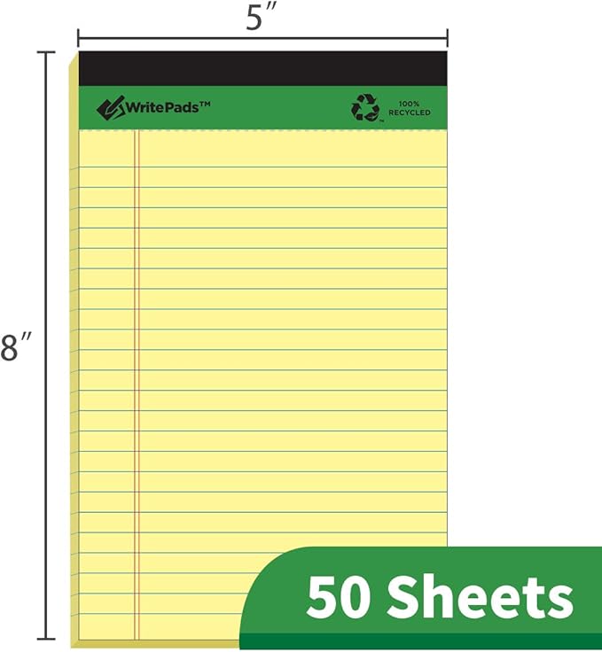 KAISA Thick Legal Pad Small Writing Pads, 5“x8” Legal Pad Narrow Ruled With Rigid Chipboard Back Support, 50sheets Perforated 20lb Recycled Paper Pads, Canary 12pad, KSU-6948