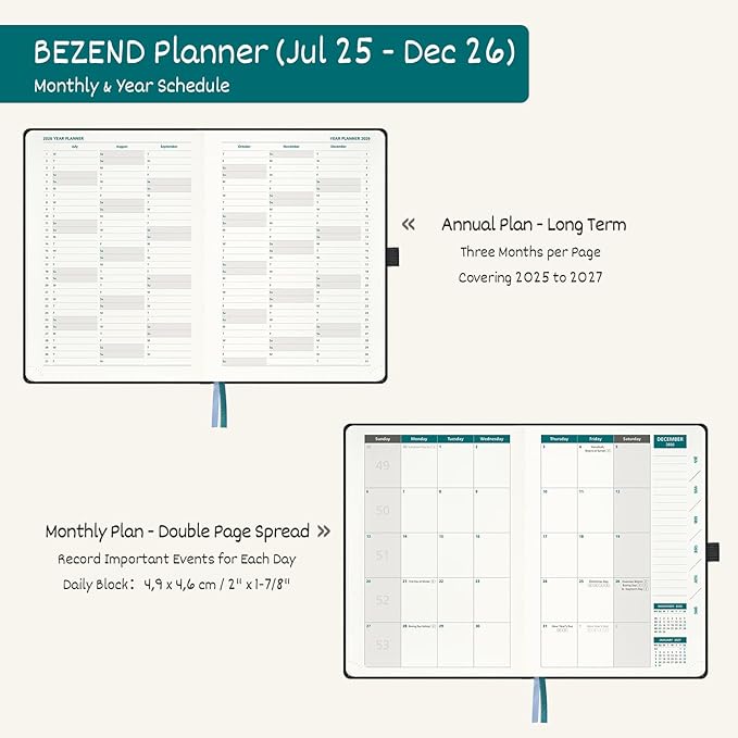 BEZEND Weekly Planner 2025-2026 with 2 Columns, 8.5" x 11" Academic Calendar 18 Months (Jul 25-Dec 26) Life Work Appointment Book with Monthly Tab, PU Leather Hardcover - Prussian Blue