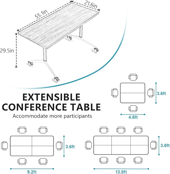 Conference Room Table, Folding Conference Tables,Thicken Grey Tabletop,Flip Top Wooden Seminar Meeting Room Table for Conference Room Offices (10, Black, 55.1”)