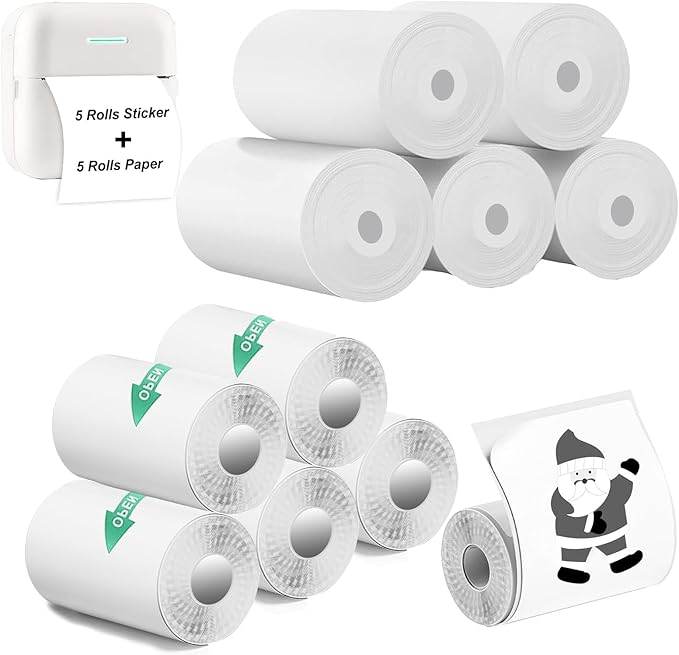 5 Rolls Thermal Paper & 5 Rolls Self-adhesive Stickers for Mini Receipt Printer - White Portable Bluetooth Pocket Printer Paper Refill