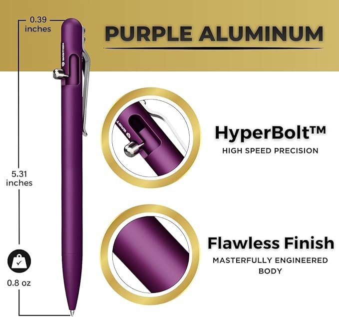 BASTION® Luxury Slim Bolt Action Pen, Lightweight Aluminum EDC Pen with Fine Tip, Professional Ballpoint Pen for School and Work - Purple