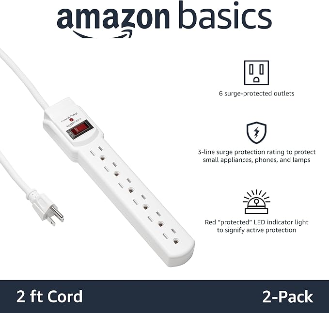 Amazon Basics Surge Protector Power Strip, 6-Outlet with 200J Protection, 2ft Extension Cord, Rectangle, White (2 Pack)