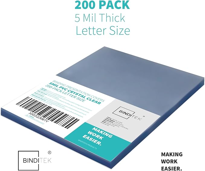 Binditek 200 Pack 5 Mil Clear Binding Covers 8.5 x 11 Inches, Letter Size, Square Corners, Un-Punched, Office Supplies, for Students and Coworkers