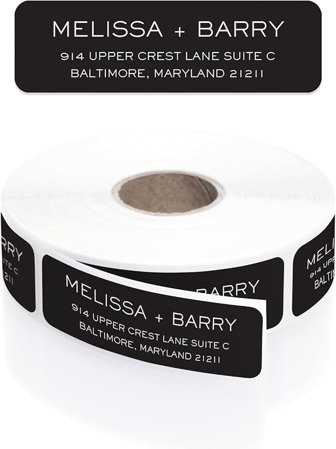Striking Black Modern Rolled Address Labels/Roll of 500 Personalized Address Labels/Designer Return Address Stickers in Elegant Plastic Dispenser