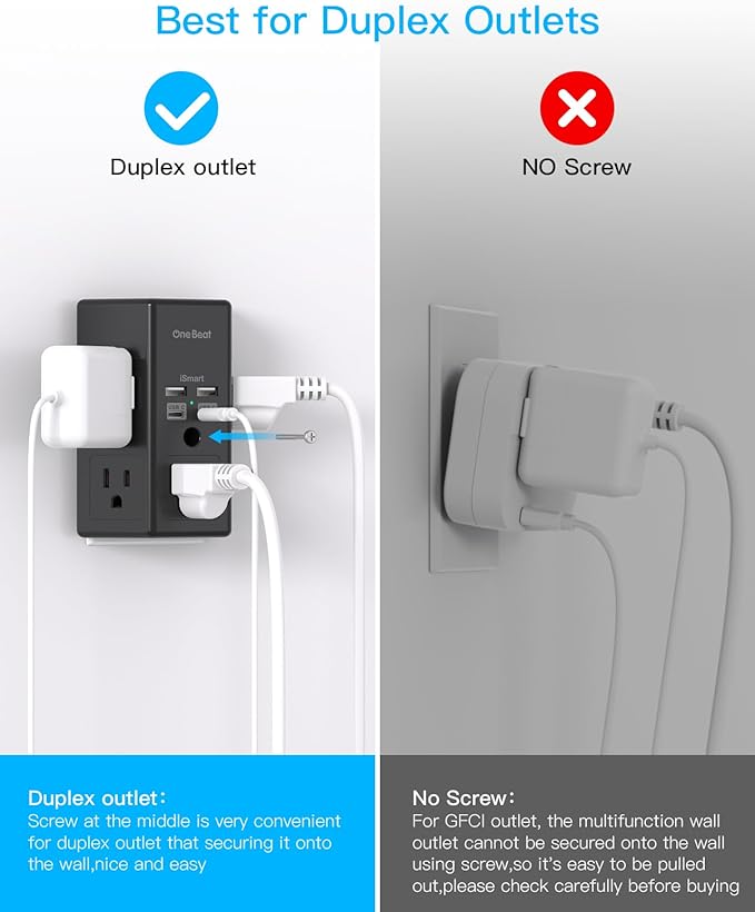 Surge Protector, 5 Outlets Extender with 4 USB Ports(USB C), 3-Side 1680J Power Strip Multi Plug Outlet Expander, USB Wall Charger, Outlet Splitter Adapter Wall Mount for Home Office ETL Listed（Black）